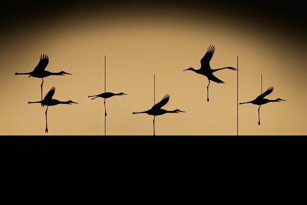 Photo as twilight descends a flock of cranes flies above around sunset cranes fly over the sky around