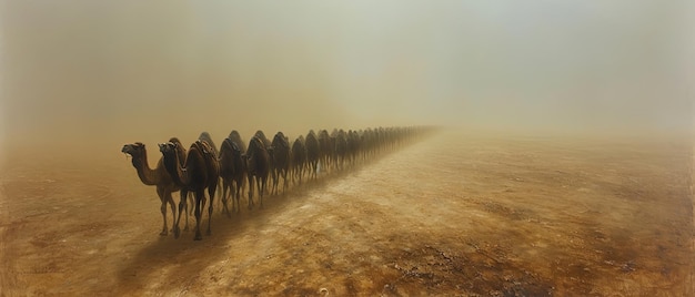 Foto come camminare in fila nel deserto nella nebbia