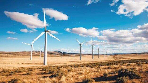 As the wind sweeps across a vast expanse a field of wind turbines emerges gracefully harvesting the wind's power Standing tall and proud Generated by AI