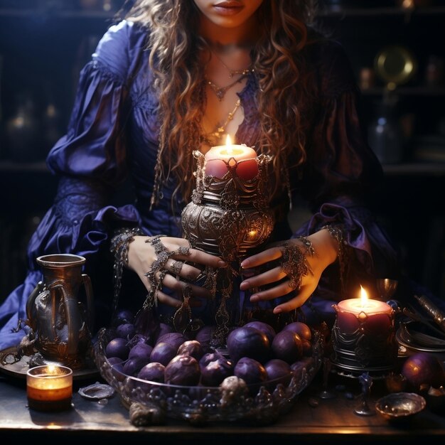 Photo as a woman holds her hand up to candles she has a candle