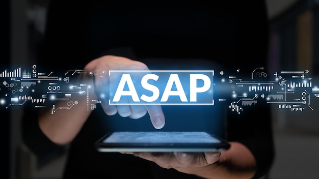 Photo asap or as soon as possible this is a business acronym hand presses the tablet