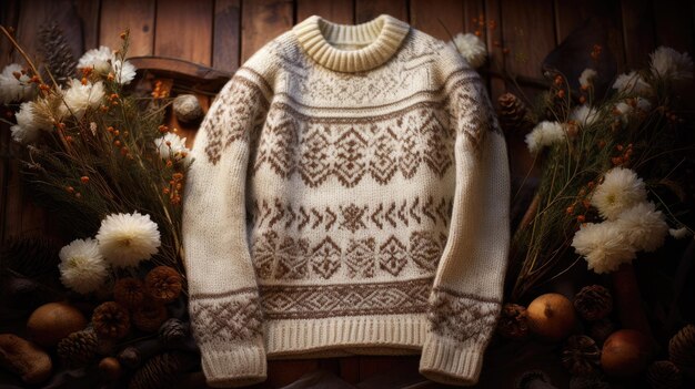 aScandinavianstyle sweater placed against a vintage woven fabric background