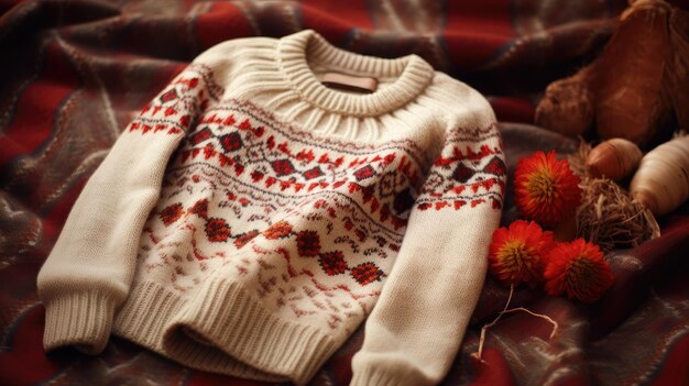 Foto un maglione in stile scandinavo su uno sfondo di tessuto vintage