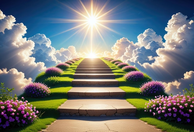 Photo ascend the celestial stairs a road to the light of paradise in the sky evoking the afterlifes way