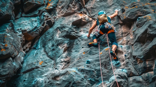 Ascending a Challenging Cliff Climber Scaling a Rock Face