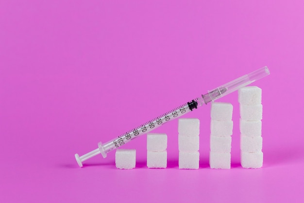 Ascending stacks of sugar cubes and insulin syringe on pink