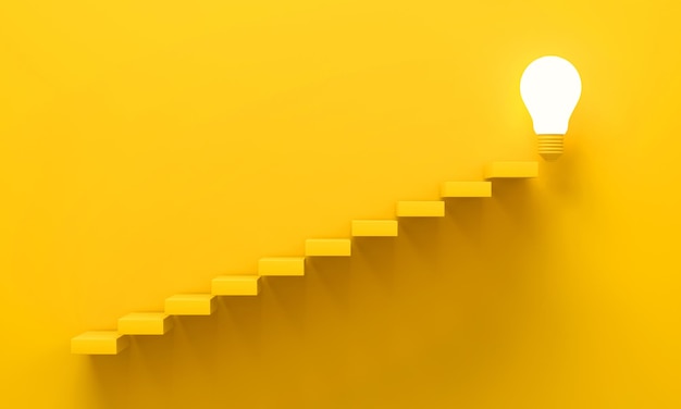 Ascending stairs of rising staircase to bulb light on yellow background