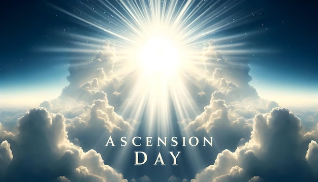 Photo ascension day background with sunlight rays shining through clouds