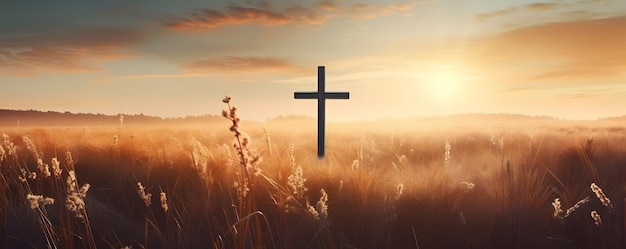 Ascension day concept The cross on meadow autumn sunrise background