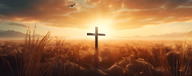 Ascension day concept The cross on meadow autumn sunrise background