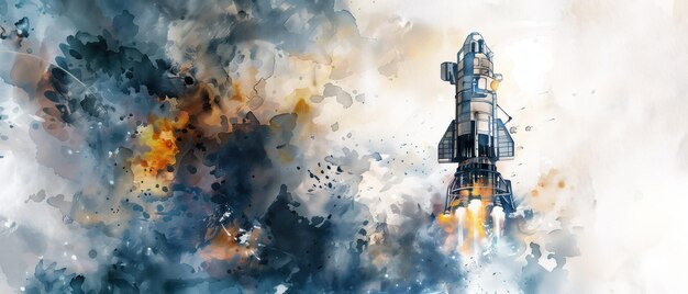 Ascension in Watercolors A dynamic watercolor painting capturing the fiery takeoff of a space shuttl