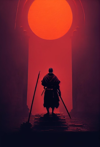 Ascetische monnik samurai android The Darkest Dungeon vfx postprocessing breed perspectief dramatische lichten stofdeeltjes ultra gedetailleerde micro details grootse compositie cinematicai gegenereerde kunst