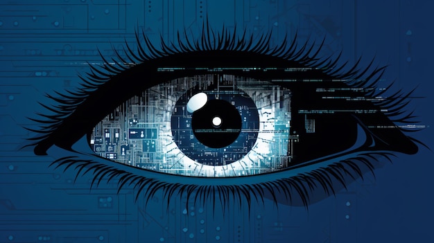 Ascii art style illustration of eye over blue background