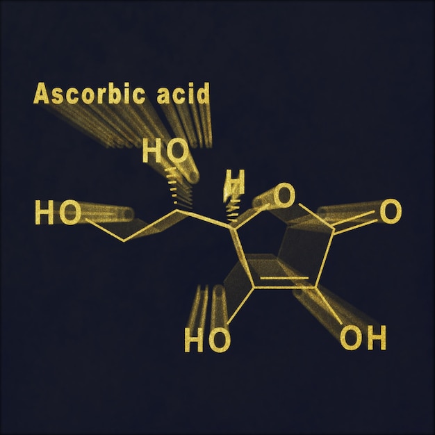 Ascorbic acid Structural chemical formula gold on dark background