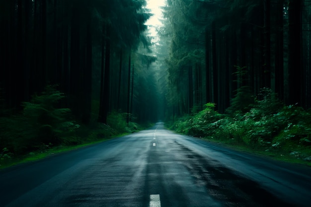 Asfaltweg in het bos na de regen Morgen op de weg