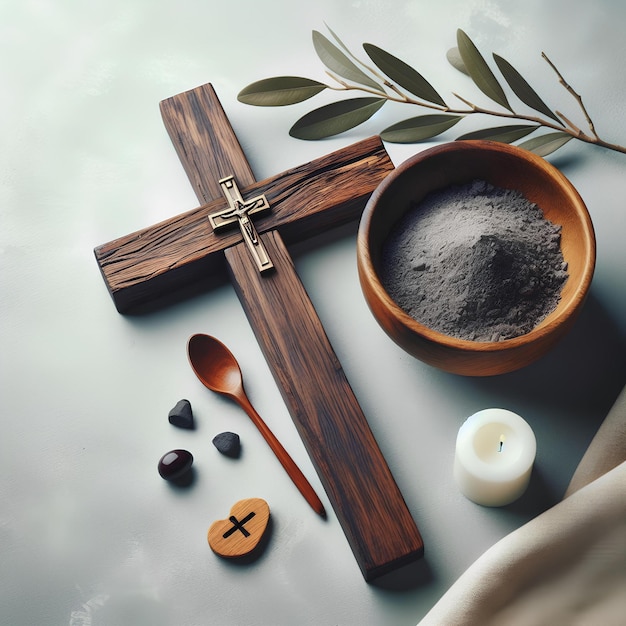 写真 灰の水曜日 信仰の礼拝 宗教的な儀式 木製の十字架の儀式皿と灰のオリーブの枝