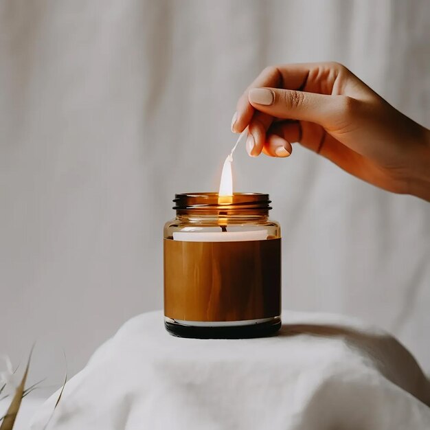 Photo ashi1723_womens_hand_lighting_an_amber_glass_candle_jar_with_a_08aa988d