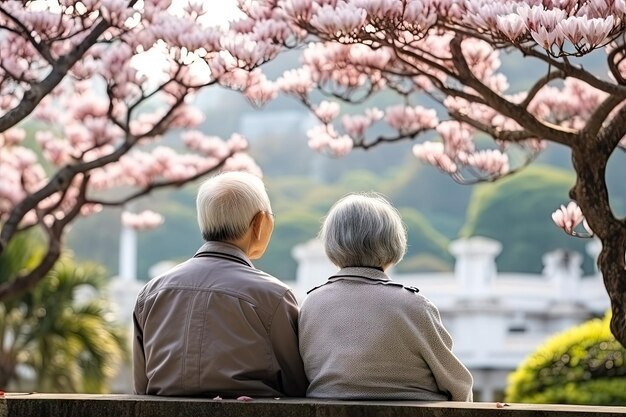 아시아 의 노인 부부 가 공원 에서 휴식 을 하고 있다