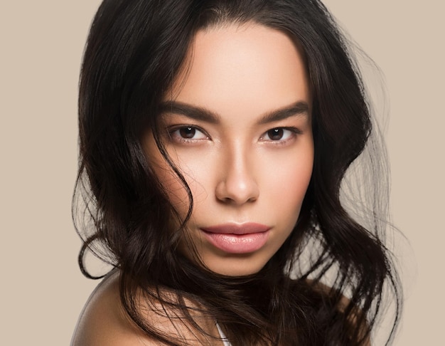 Asia beauty woman face healthy skin close up model portrait. Color background.