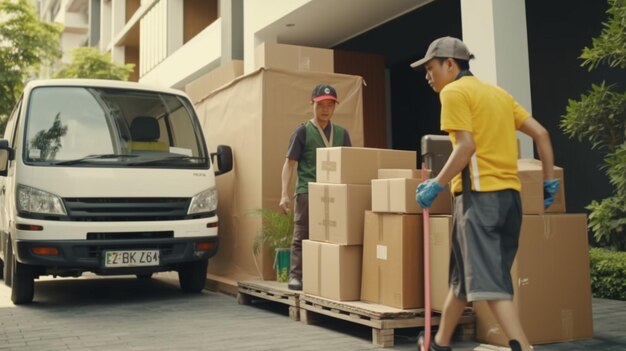 Asia Couple check while unloading boxes and furniture Ai Generative