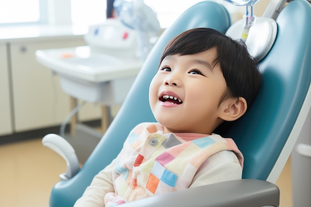 アジアの可愛い子供が歯科医の椅子に座って口を開けて歯科医を待っています