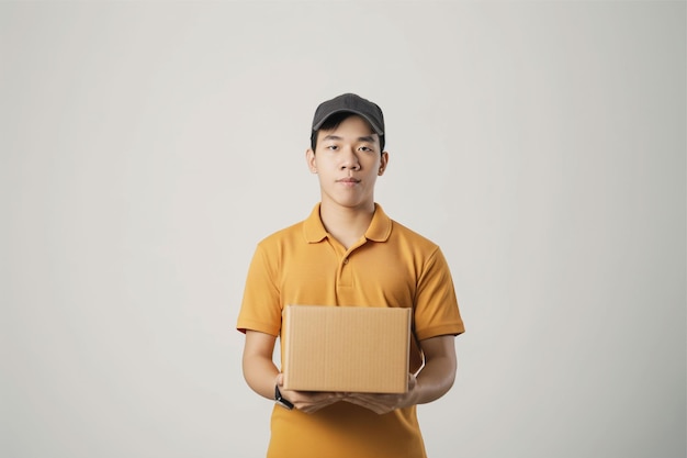 Asia delivery man holding cardboard boxes