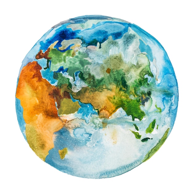 Asia Europe and Africa on the globe Earth planet Watercolor