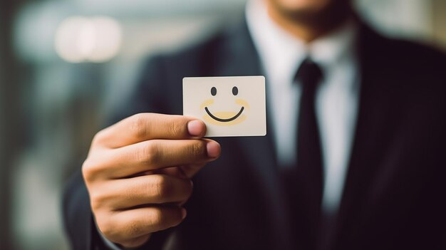 Asia a man in a suit holding up a card with a smiley face on businessman holding up a smiley face ge