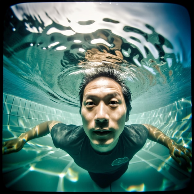 Asia a man swimming underwater in a pool a portrait