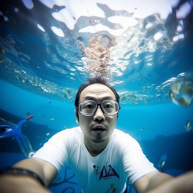 Asia A Man Swimming Underwater In A Pool A Portrait