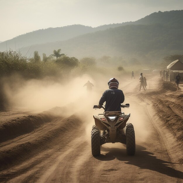 Foto persona asiatica che guida un quad su una pista di terra