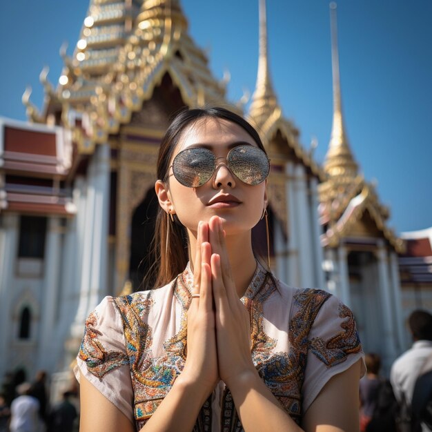 Photo the asia pray in front of thai temple generative ai illustration