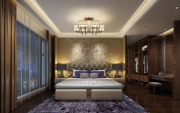 Asia style bedroom modern bedroom 3d rendering 3d image luxury\
studio apartment night outside the window