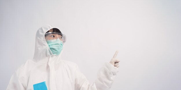 Asia woman doctor in PPE suit or Personal Protective Equipment uniform and wearing medical face mask