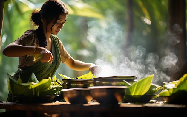 写真 アジアの女性がタイのデザートを作っている