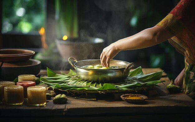 Photo asia woman making a thai dessert