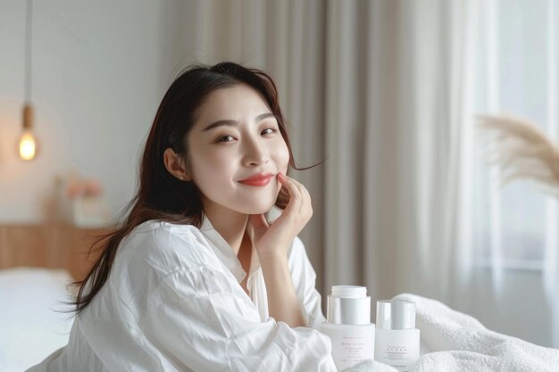 Asia woman sitting on bed and applying cream on Hand