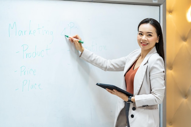 大学のクラスの前に立っているアジアの女教師