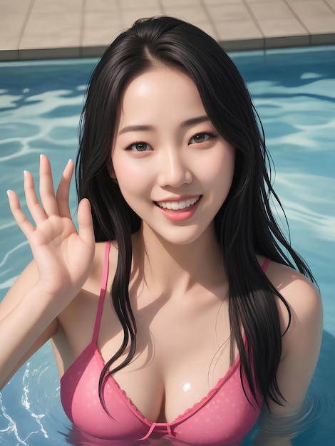 asia woman wear pink bikini in pool images with ai generated