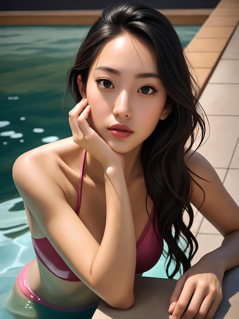 アジアの女性がピンクのビキニをプールで着用AIで生成された画像