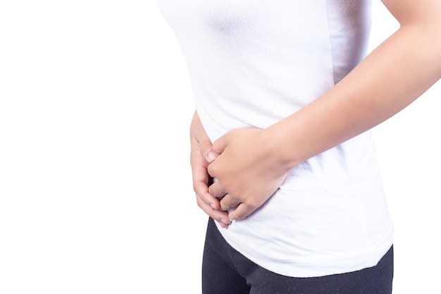 Asia woman with stomachache on white background.