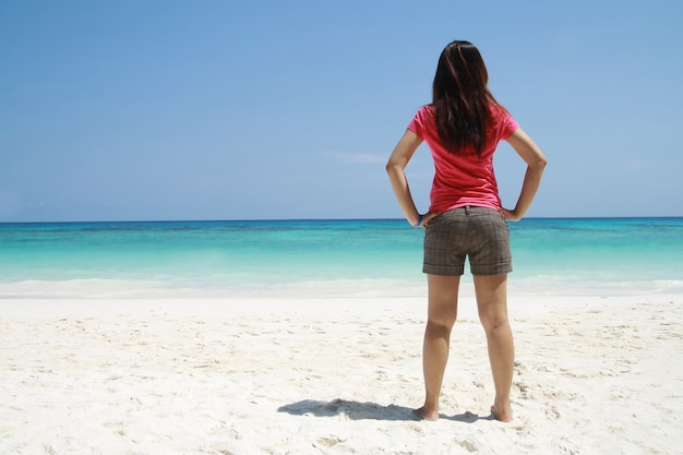 Asia women stand on beach 