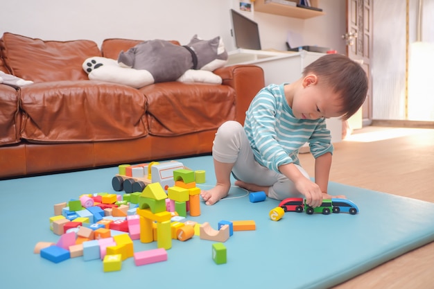 Азиатский малыш 2 - 3 лет, весело проводящий время, играя с игрушками из деревянных строительных блоков в помещении дома
