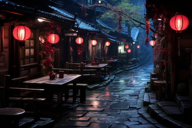an asian alley with red lanterns and tables