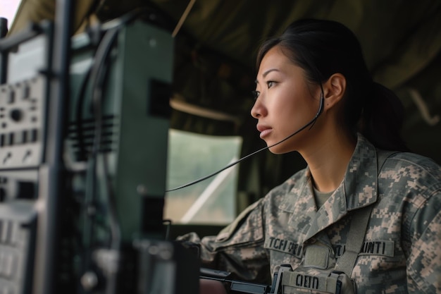 Foto una soldata asiatica americana in uniforme dell'esercito che gestisce attrezzature di comunicazione avanzate che dimostrano esperienza tecnologica