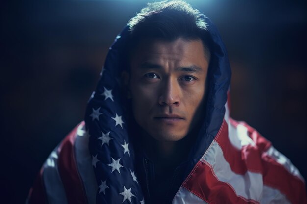 Asian american man wrapped in usa flag