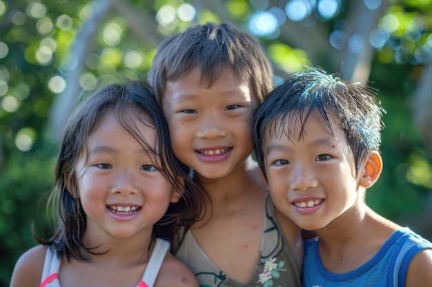 写真 アジア人と白人の子供たちが公園で楽しんでいます 夏の幸せ