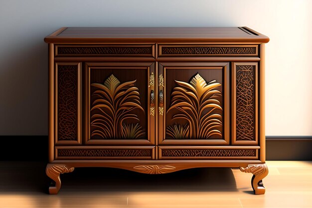 Asian antique vintage wooden cabinet top with tropical tree in rattan basket clay vase in sunlight