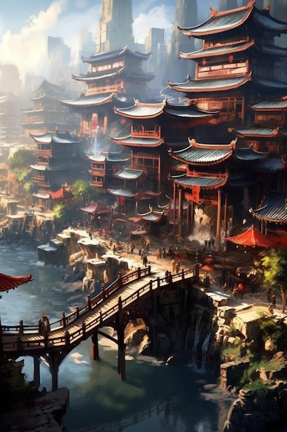 asian architecture with a bridge and a waterfall in the foreground generative ai