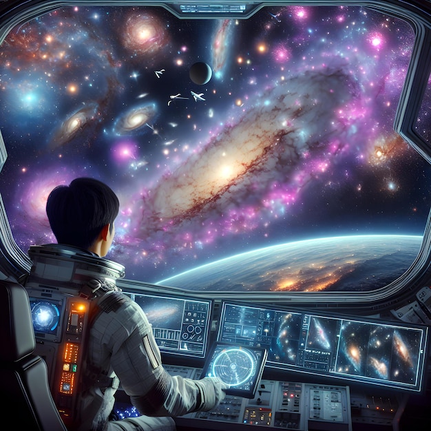 Premium Photo  Asian Astronaut Navigating Vibrant Cosmic Landscape